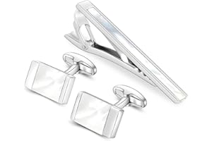 Merit Ocean Natural Exquisite Pearl Mens Cufflinks and Tie Clips Set with Stainless Steel White Cuff Link and Tie Bar