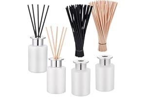 Hejo 4Pcs 100ml Blanco Mate Botella Difusor Tapa Plateada con 100 Varillas Ambientador (50Pcs Beige+50Pcs Negro), Elegante Bonito Botella Difusor Aroma con Palitos Ambientador