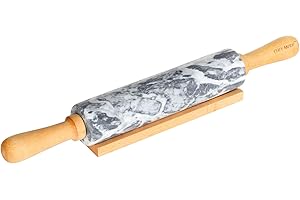 CHEFMADE Rouleau à pâtisserie en marbre de 18 pouces avec poignées en bois et berceau,Antiadhésif approuvé par la FDA (gris et blanc)