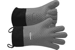 GEEKHOM Silicone Oven Gloves Heat Resistant Silicone Oven Mitts BBQ Gloves Waterproof Kitchen Gloves for Barbecue Grilling Weber Microwave, Non-Slip Oven Gloves with Fingers, Light Grey