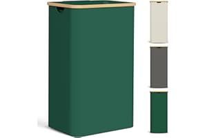 YOUDENOVA Kosz na pranie z pokrywką, 85 l, wąski, z workiem na pranie, duży, składany, z drewna bambusowego, kosz na pranie, wysoki kosz na pranie, zielony