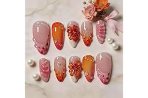 Korta falska naglar MouyouGlow, mandel leopard franska 3D blommor blommigt bubbelrandigt skal diamant design kort Y2K press p