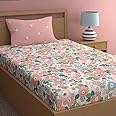 LOOMLYFE 300 TC Cotton Feel Glace Elastic Fitted Printed Single Bed Bedsheet with 1 Pillow Cover Fits Upto 6 Inches Mattress,Size- 42X75X8 Inches, PinkFlower