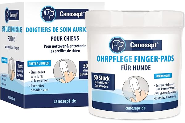 Canosept Doigtiers Oreille Chien 50 Unités - Nettoyant Oreille Chien - Bon Soin Et Hygiène Des Oreilles Des Chiens - Enlève La Saleté Et Le Cérumen - Avec Effet Désodorisant - Produit Oreille Chien