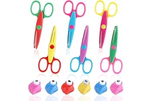 MKITNVY Juego de 6 tijeras para manualidades para niños, con 6 troqueles de papel, 6 formas de corte diferentes, juego de tijeras de papel para niños, guardería, principiantes, manualidades