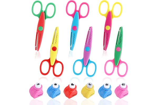 Lot de 6 Ciseaux de Bricolage pour Enfants avec 6 Perforatrices à Papier, 6 Formes de Coupe Différentes, Ciseaux à Papier pour Enfants, Crèche, Débutants, Bricolage