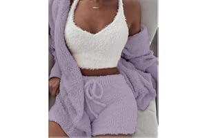 HUIPYOU Pyjama d'hiver pour Femme - 3 pièces - en Velours Corail - Printemps, Automne, Hiver - Ensemble de Pyjama - Chemise de Nuit - Tops - Shorts - Manteau - Costume de Maison