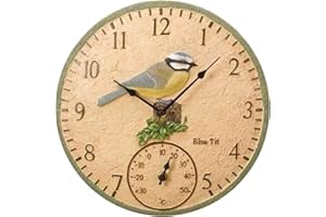 ‎HLJS Gartenuhr Wetterfest Outdoor 30cm Vöglein Wanduhren Outdoor Uhr Garten, Retro harz garten wanduhr mit thermometer, für innen und außen Garten Mute gartenuhren dekoration, Batteriebetriebene (Vogel)