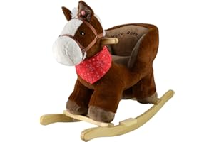 SPORT ONE Sport1 Pony a dondolo con suoni. Cavallo a dondolo per bambini +10 mesi in peluche e legno. Effetti sonori. Dondolo bambini 68x33x50cm. Seduta comfort con schienale integrato. Marrone. Idea regalo