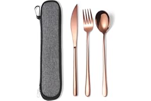 AARAINBOW Stainless Steel Cutlery Set for 1, 3 Pieces Knife Fork Spoon Set with Case. Reusable Flatware Set for Camping, Travel, Work, and Outdoor Activities, Dishwasher Safe (Rose Gold)