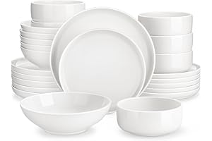 MALACASA Geschirrset 6 Personen, LUNA 24-tlg Tafelservice aus Weißem Porzellan, Modernes Geschirr Set mit je 6 Speiseteller, Dessertteller, Suppenteller und Müslischalen