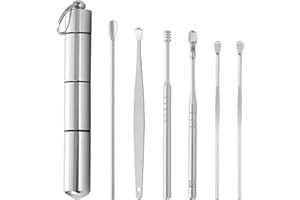 HEVEER Narzędzie do usuwania woskowiny usznej, stal nierdzewna, łyżki do uszu z metalem, małe etui, pielęgnacja uszu, dla dorosłych, srebrne, 6 sztuk