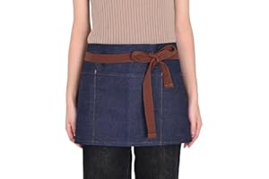 OAYGAT Denim Apron Waitress Waiter Waist Apron with 3 Pockets Adjustable Gardening Half Chef Aprons with Long Strap Tabard for Women Bistro Restaurant Work Cooking Aprons 23 * 11 In Kitchen Baking Tabard