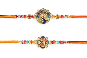 Dugan Bro Rakhi for Brother Set of 2 akhi Set with Rakhi Greeting Card Roli Chawal Packet - Raksha bandhan Peacock Rakhi Bracelet for Brother Rakhi for Bhaiya | Bhai Rakhi Gifts for Brother - GMRK06