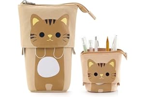 Hillylolly Trousse pour Crayon de Couleur Debout, Boite Crayon Couleur Voyage, étui à Crayons Rétractable, Chat Stand up Pencil Case, Toile Crayon pour la Papeterie (Kaki)