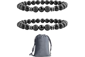 DAZZLUXE Bracelet de Perles Noires en Agate Lave pour Homme - Lot de 2 avec Sac de Rangement - 8 mm Pierre