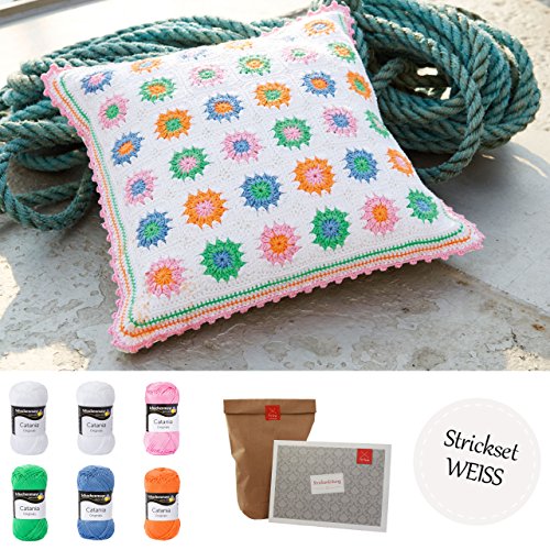 Häkel-Set Kissen weiß *Retro Kissen häkeln Set* Granny Squares Kissen DIY Set häkeln mit Schachenmayr Catania Wolle, leicht verständlicher Häkelanleitung + MyOma Label – Häkelset MyOma