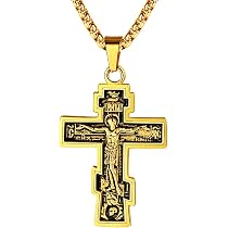 Collana Uomo Croce Ortodossa Russa In Acciaio Inox – Ciondolo Crocifisso Con Catena Rolo 60cm