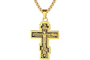 FaithHeart Męski chrześcijański naszyjnik spersonalizowany rosyjski prawosławny krzyż wschodni wisiorek ze stali nierdzewnej krzyż zawieszka na szyję Jezus Chrystus biżuteria prezent religijny, Stal