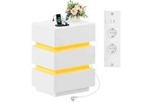 Lvhecforhm Nachttisch mit LED-Beleuchtung, Weiß Nachttische Hochglanz Front, Nachttisch mit 3 Schubladen, 2 AC-Steckdosen, 2 USB-Anschlüsse, Nachtschrank für Wohnzimmer 45x35x61cm, Nachttisch Hängend