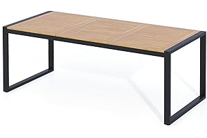 GIANTEX Mesa de Comedor de Madera Acacia para 8 Personas, 200 x 90 cm, Mesa Rectangular con Orificio para Sombrilla y Estructura de Metal, para Jardín, Patio (Modelo 3)