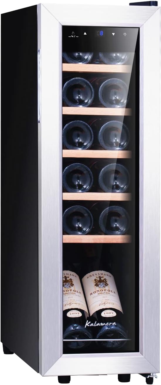 Kalamera Nevera pequeña para vino, 5 – 18 °C, compresor, 12 botellas, almohadillas de madera extraíbles, 35 litros, KRC-35FCSS Vinoteca