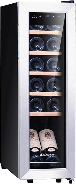 Kalamera Nevera pequeña para vino, 5 – 18 °C, compresor, 12 botellas, almohadillas de madera extraíbles, 35 litros, KRC-35FCSS Vinoteca - 1