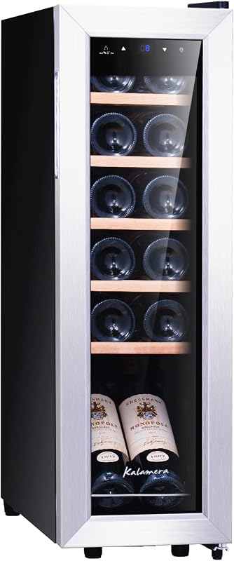 Kalamera Nevera pequeña para vino, 5 – 18 °C, compresor, 12 botellas, almohadillas de madera extraíbles, 35 litros, KRC-35FCSS Vinoteca