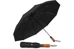 HANNSTAR Folding Travel Umbrella Windproof Strong with Wood Handle - Automatic Brolly for Men and Women - 10 Ribs Fiberglass Strong umbrella for Rain & UV Sun Protect