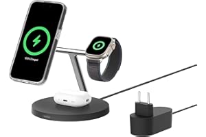 Belkin BoostCharge Pro 3-in-1 Qi2 Kabelloses Ladegerät, MagSafe-Kompatibles Ladegerät, Induktive Ladestation für die Apple iPhone 17, Air, 16, Pixelsnap, Apple Watch, AirPods, inkl. Netzteil – Schwarz