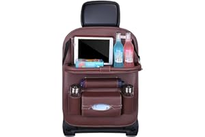 BWGHBH Organizador del Asiento Trasero del Automóvil de Cuero Multifuncional con Bolsa de Almacenamiento y Bandeja Plegable para Niños(Café)
