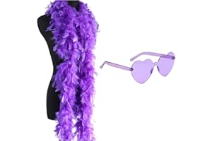 WANDERGO Boas et lunettes de soleil en plumes violettes de 2 m pour déguisement et loisirs créatifs, lunettes de soleil en forme de cœur, accessoires de fête, danse, robe de mariage, décoration d'Halloween