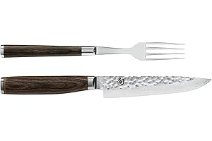 KAI Shun Premier Tim Mälzer Ensemble de Couverts Japonais 2 Pièces - Fourchette 22 cm Totale + Couteau à Steak 25 cm Totale - Acier Damas VG Max avec 32 Couches - 61 (±1) HRC - Fabriqué au Japon