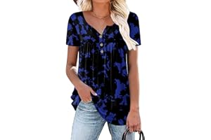 Aodemo Women's Summer Casual Henley V Neck Tunic Ladies Button Up Tops Flowy Short Sleeve Shirts Loose Blouse