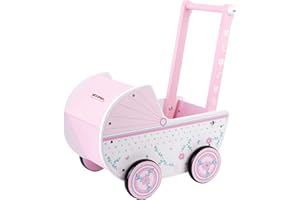 WOOMAX Holz, 26,5 x 39 x 46 cm, weiß, mit Rollen, für Puppen von 30 – 40, Babyspielzeug 3 Jahre, Puppenwagen (46475), Rosa Warenkorb
