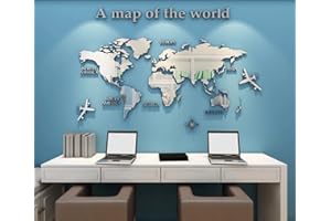Shuanghao Adesivo Stickers Poster Murali Wall Decorazioni 3D Mirror Art Frasi Scritte Specchio Cartina Per Bambini,Soggiorno,TV Par,Ufficio Mappa del Mondo Adesivi Stickerdecal Murale Argento 280*174