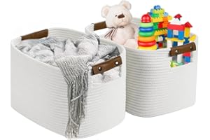 PATVINGOT Woven Cotton Rope Storage Basket Decorative Baskets with Detachable Leather Handles for Blanket Storage Closet Toy (White, 2 Pack)