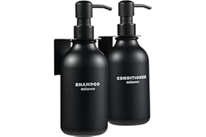 MaisoNovo Dispenser per shampoo e balsamo, dispenser per sapone da doccia, montaggio a parete, 500 ml, set di 2 bottiglie di plastica nera, pompe nere, 2 camere senza trapano