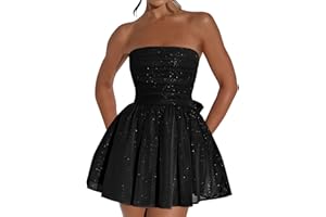 Hanaoops Women Sequin Glitter Mini Dress Sexy Backless Strapless Tube Dress Tulle Sparkly Short Homecoming Dress Sleeveless Bodycon Dresses with Bow on Back Party Tunic Dress Formal Gown