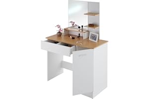 TecTake® Tavolo da Trucco Moderno con Grande Specchio, Toeletta Trucco con Cassetto Suddiviso, Tre Ripiani Aperti, Postazione Trucco con Doppiofondo e Portella - Zoe, Bianco/Faggio