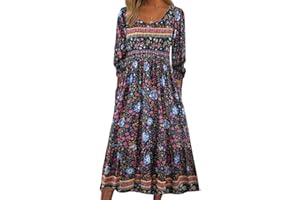 ABYOVRT Damska sukienka, luźna, letnia sukienka, długa sukienka w stylu boho, sukienka midi, okrągły dekolt, sukienka plażowa, sukienka midi, sukienka midi z kieszeniami, S-XXL