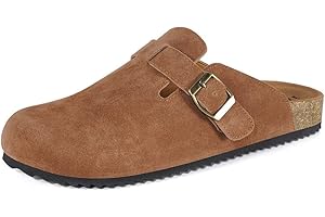 Intini Zuecos y Mules para Hombre Mujer Pantuflas de Piel Con Corcho Cerradas Zapatillas de Jardín Sandalias con Hebilla Ajustables Cómoda 36-46
