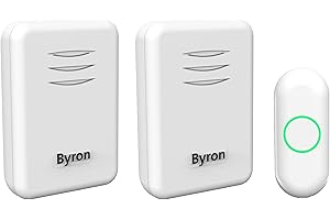 Byron DBY-22314 - Kit di 2 campanelli 16 Melodie e 150 m (Campo Libero) di Portata Senza Fili, Alimentazione a Batteria e 1 Campanello su Presa, Colore: Bianco