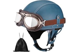 BDTOT Casque de Moto Vintage Cuir Retro Vintage Scooter Open Face Demi Casque de Cuir avec Lunettes Certifié ECE Bols pour Homme et Femme Adultes Demi-Casques avec Sac de Rangement