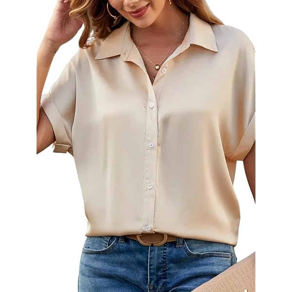 CUPSHE Damenhemd Kurzärmlig – Seidiger Kragen, Knopfleiste, Aus 100% Polyester, Für Büro Und Freizeit