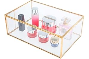 Homtone Golden Vintage Glass Lidded Box, Large Copper Decorative Jewelry Keepsake Display Organizer Clear Rectangle Golden Box for Wedding Party Decor (27.5x18.5x10cm)