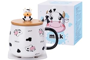 SHENDONG Uroczy kubek do kawy z ładną pokrywką, kawaii podstawka i łyżka, prezent z nadrukiem krowy, ceramiczny kubek do kawy, zabawny kubek ze zwierzętami, prezent urodzinowy dla kobiet, miłośników