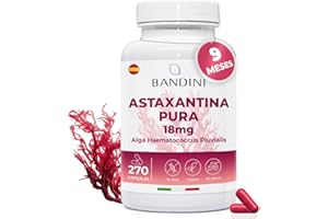 Bandini® Astaxantina pura 18 mg por cápsula, 270 cápsulas (suministro para 9 meses), Natural Astaxanthin de Alga Haematococcus Pluvialis, sin estearato de magnesio, sin OGM, 100% vegano