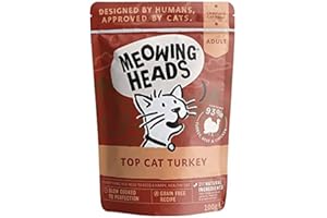 Meowing Heads Wet Cat Food - Top-Cat Turkey - 93% Natural Turkey, Chicken & Beef Pouches with No Artificial Flavours, Grain-Free Recipe (10 x 100g)