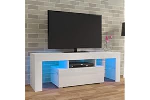 PALDIN LED TV CABINETS, TV Unit 130cm TV stand with Multi-colour LED RGB Lights Modern High gloss Door & Matt Body TV Cabinet with large media storage drawer for Living Room (White)
